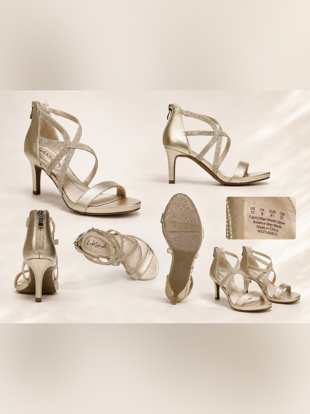 LifeStride Women’s Size 10 Gold Strappy Heels Sandals New in Box